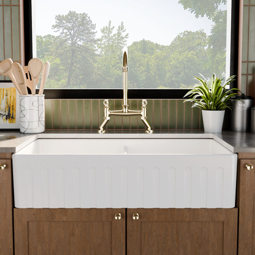 Valquest 33" Fluted Belfast Apron Front Fireclay Double Bowl Kitchen Sink