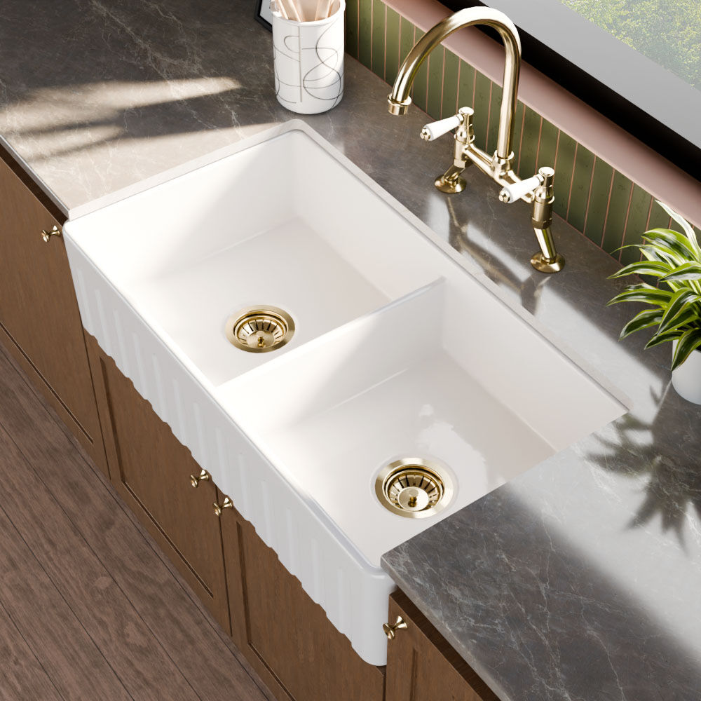 Valquest 33" Fluted Belfast Apron Front Fireclay Double Bowl Kitchen Sink