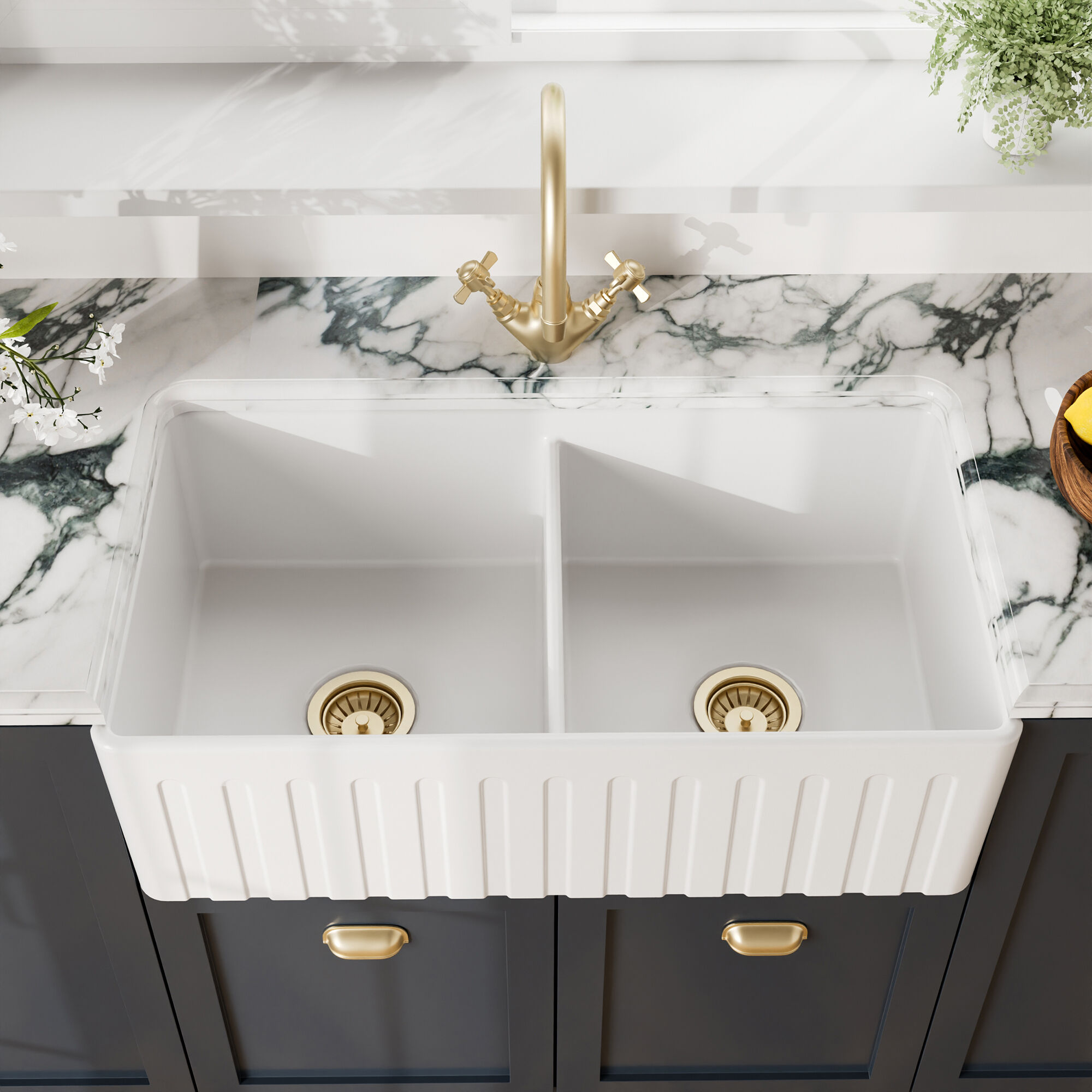Valquest 33" Fluted Butler Apron Front Fireclay Double Bowl Kitchen Sink